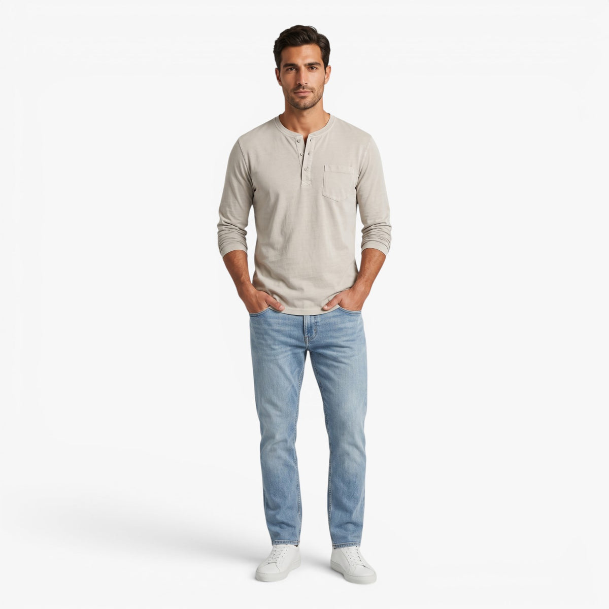 Old Fortune | Heren Henley T-shirt met Lange Mouwen en Zak Casual