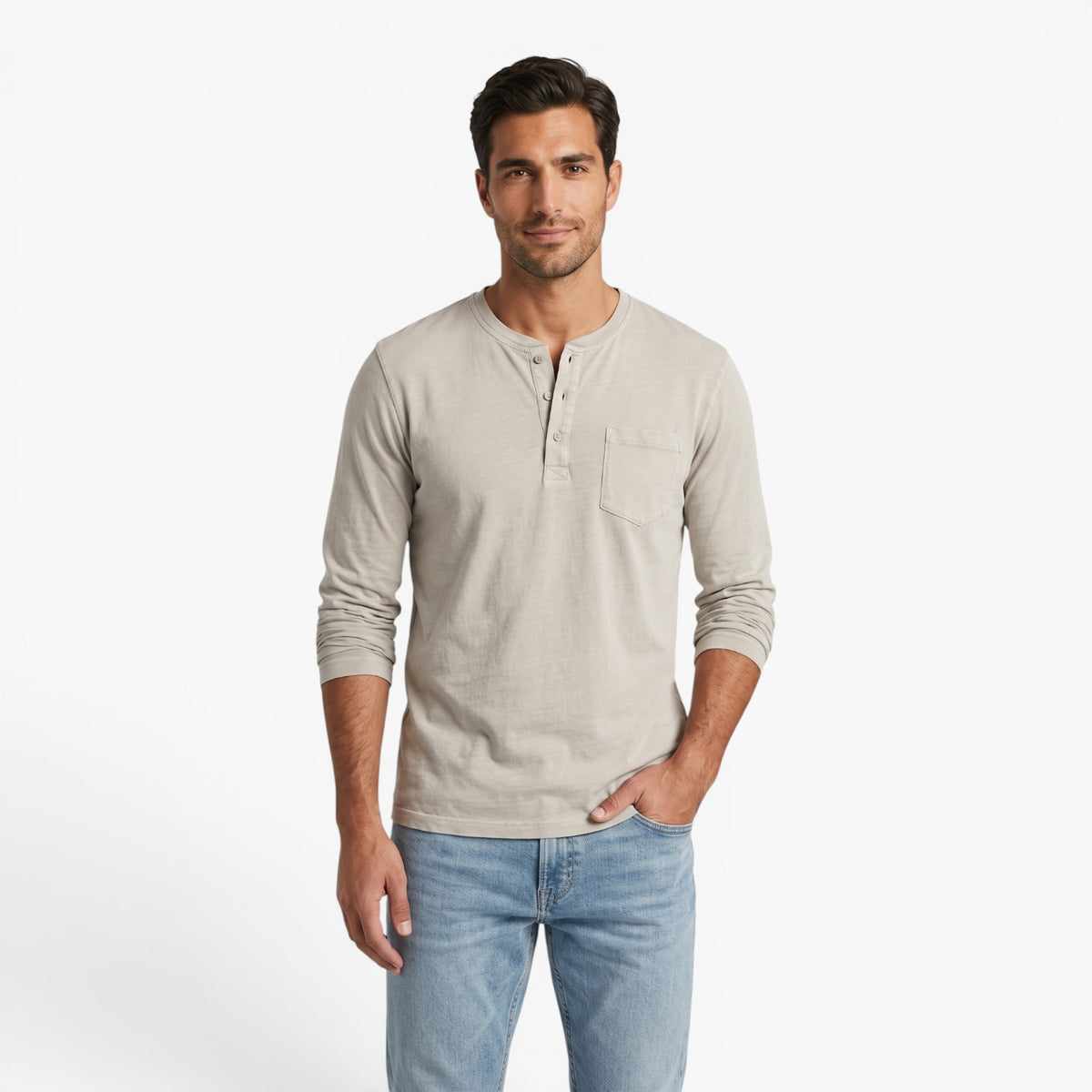 Old Fortune | Heren Henley T-shirt met Lange Mouwen en Zak Casual