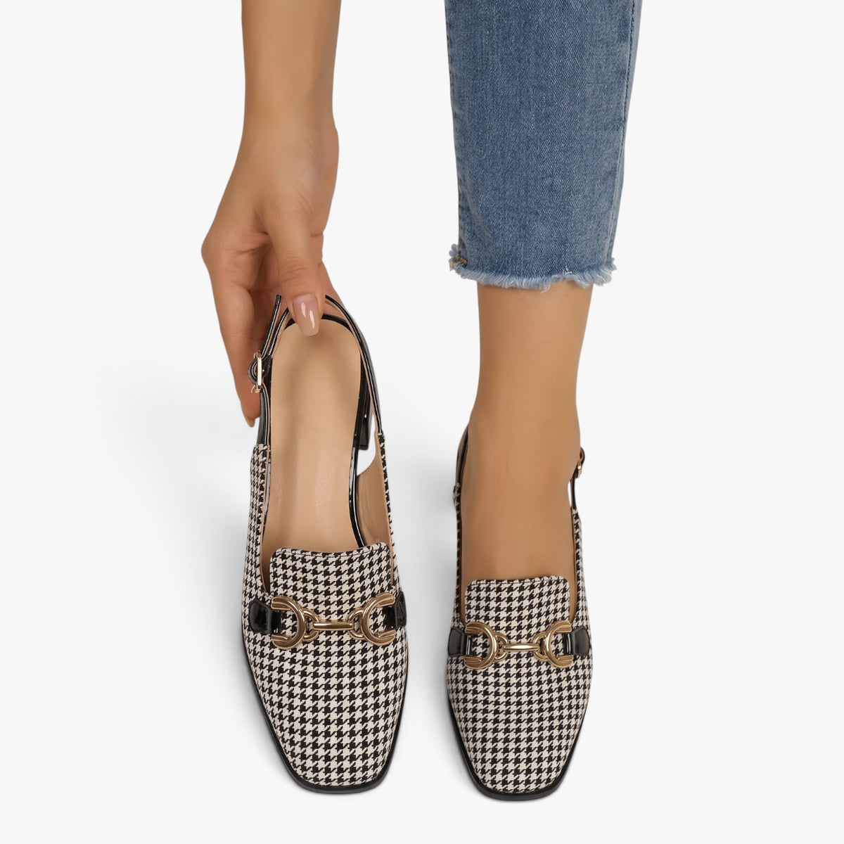 Old Fortune | Damskie Czółenka Slingback w Pepitkę z Ozdobnym Łańcuszkiem