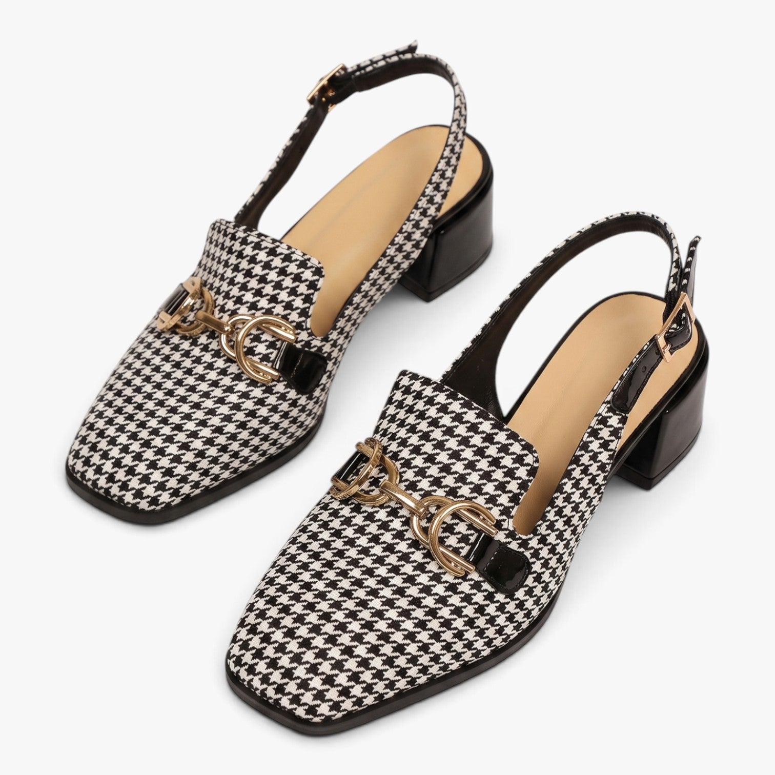 Old Fortune | Damskie Czółenka Slingback w Pepitkę z Ozdobnym Łańcuszkiem