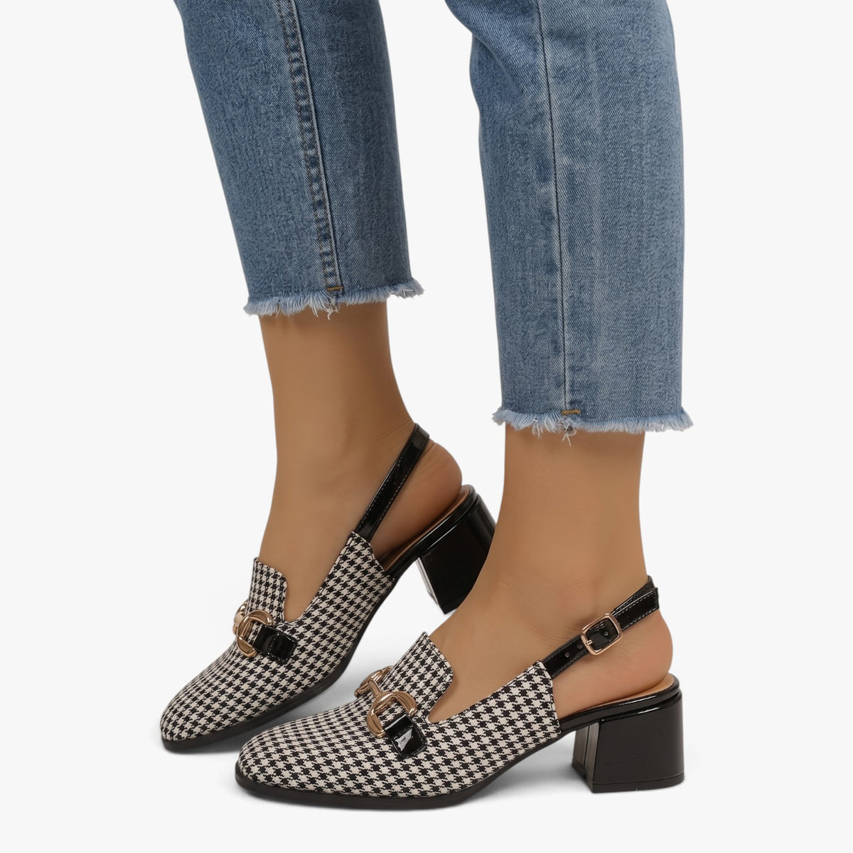 Old Fortune | Damskie Czółenka Slingback w Pepitkę z Ozdobnym Łańcuszkiem