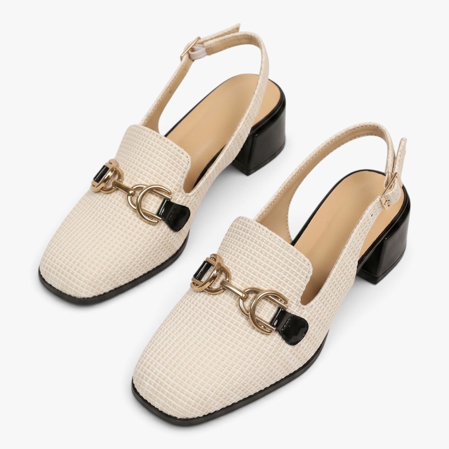 Old Fortune | Damskie Czółenka Slingback w Pepitkę z Ozdobnym Łańcuszkiem