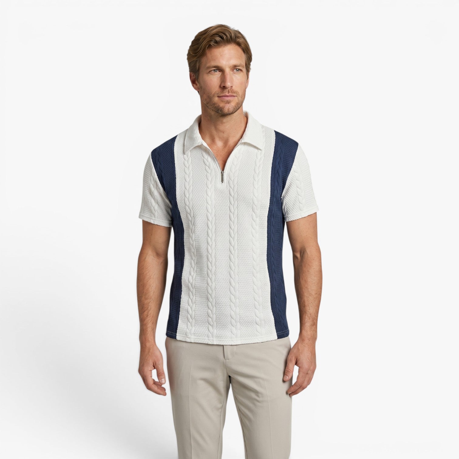 Old Fortune | Heren Polo Shirt met Gevlochten Structuur en Rits