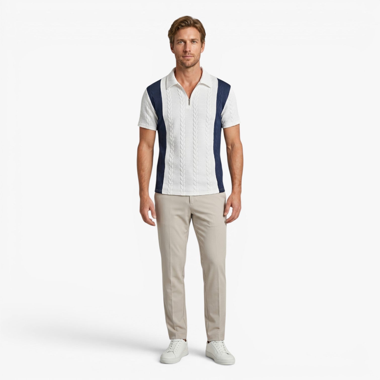 Old Fortune | Heren Polo Shirt met Gevlochten Structuur en Rits