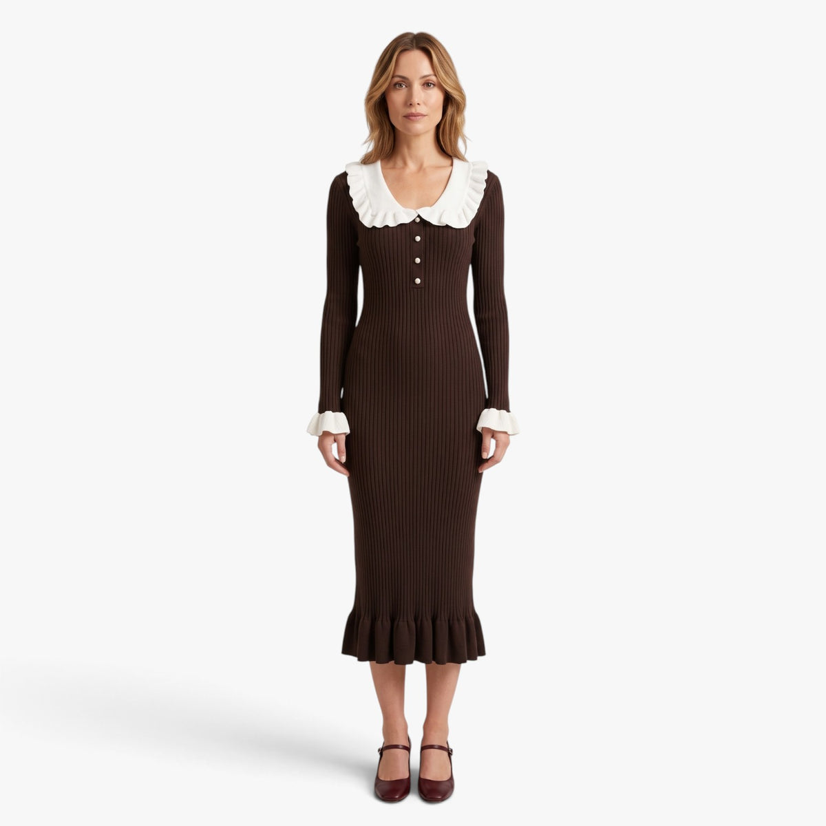 Old Fortune | Women's Ribbed Midi Dress with Ruffles