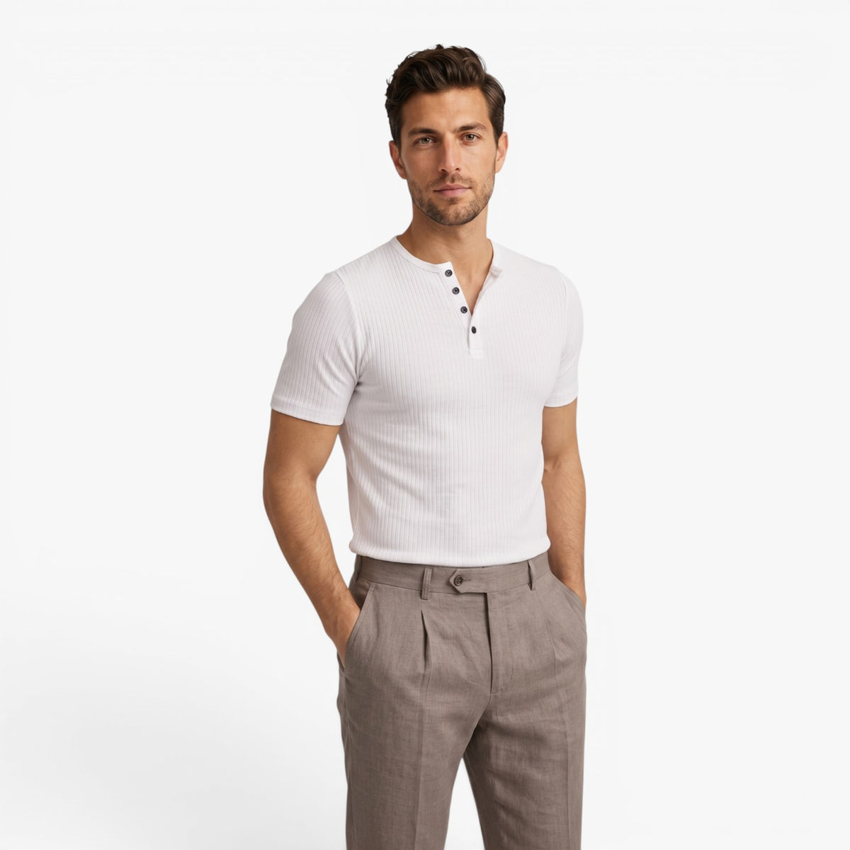 Old Fortune | Heren T-shirt met Ribstructuur, Henley-hals en Knopen, Slim Fit