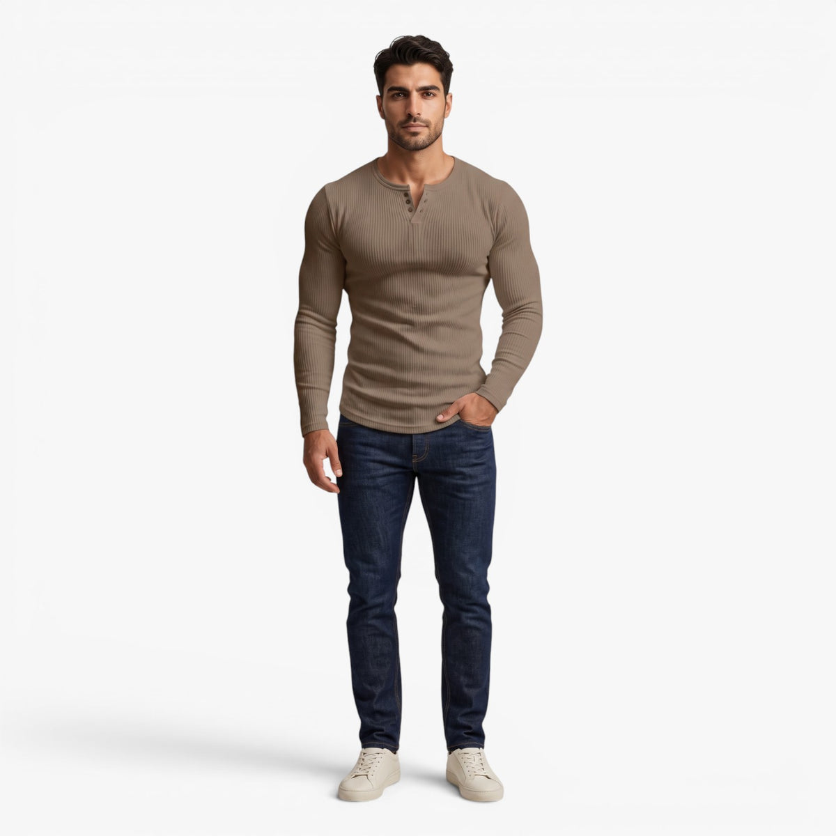 Old Fortune | Heren Geribd Henley Slim Fit T-shirt met Lange Mouwen