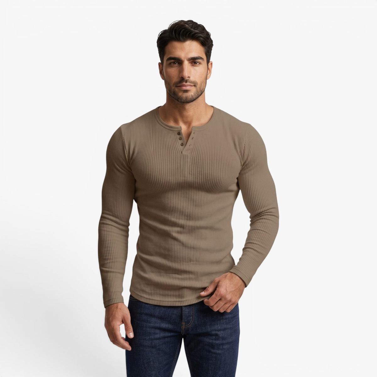 Old Fortune | Heren Geribd Henley Slim Fit T-shirt met Lange Mouwen