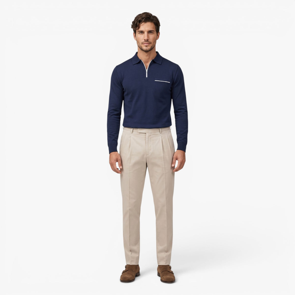 Old Fortune | Heren Polo met Lange Mouwen en Rits Slim Fit
