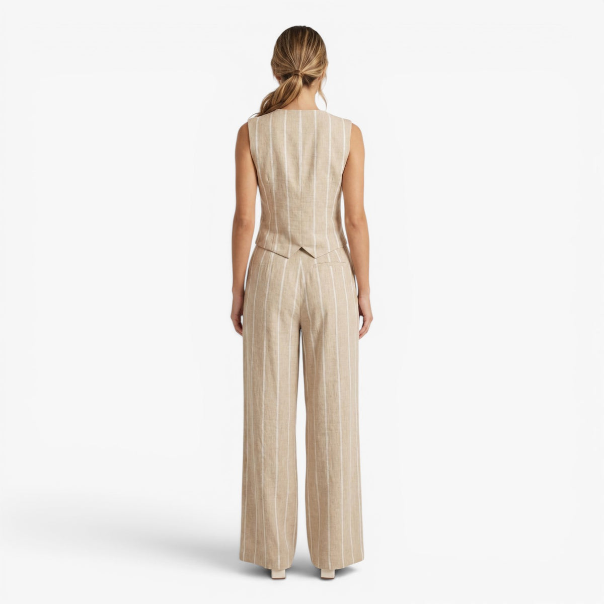Old Fortune | Dames linnen set met verticale strepen en gilet  