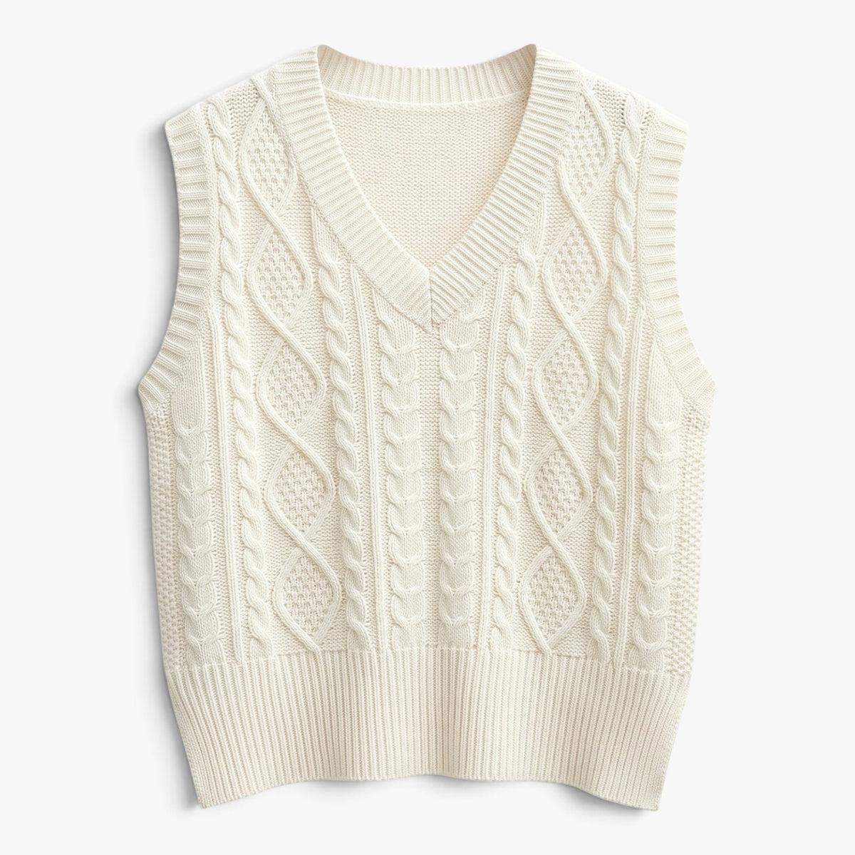 Old Fortune | Kremowa kamizelka damska z warkoczowym splotem i dekoltem V