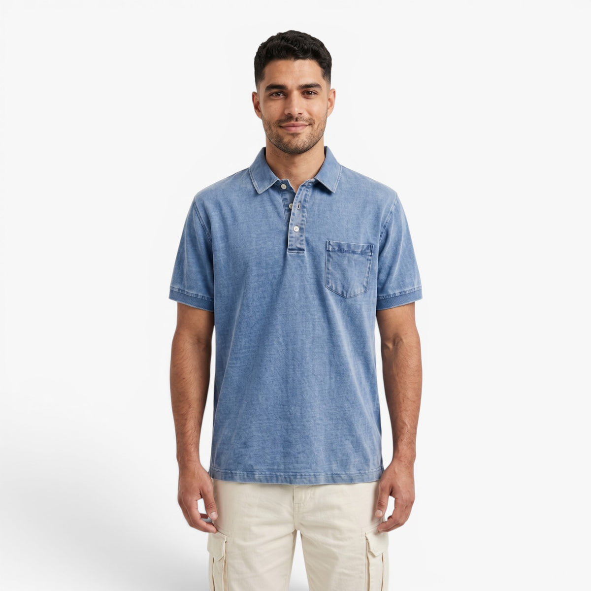 Old Fortune | Heren Polo met Verweerd Jeans Effect en Zakje