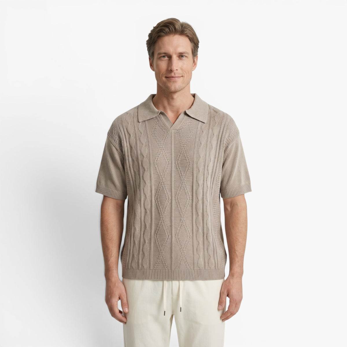 Old Fortune | Heren Gebreid Polo Shirt met Vlechtpatroon