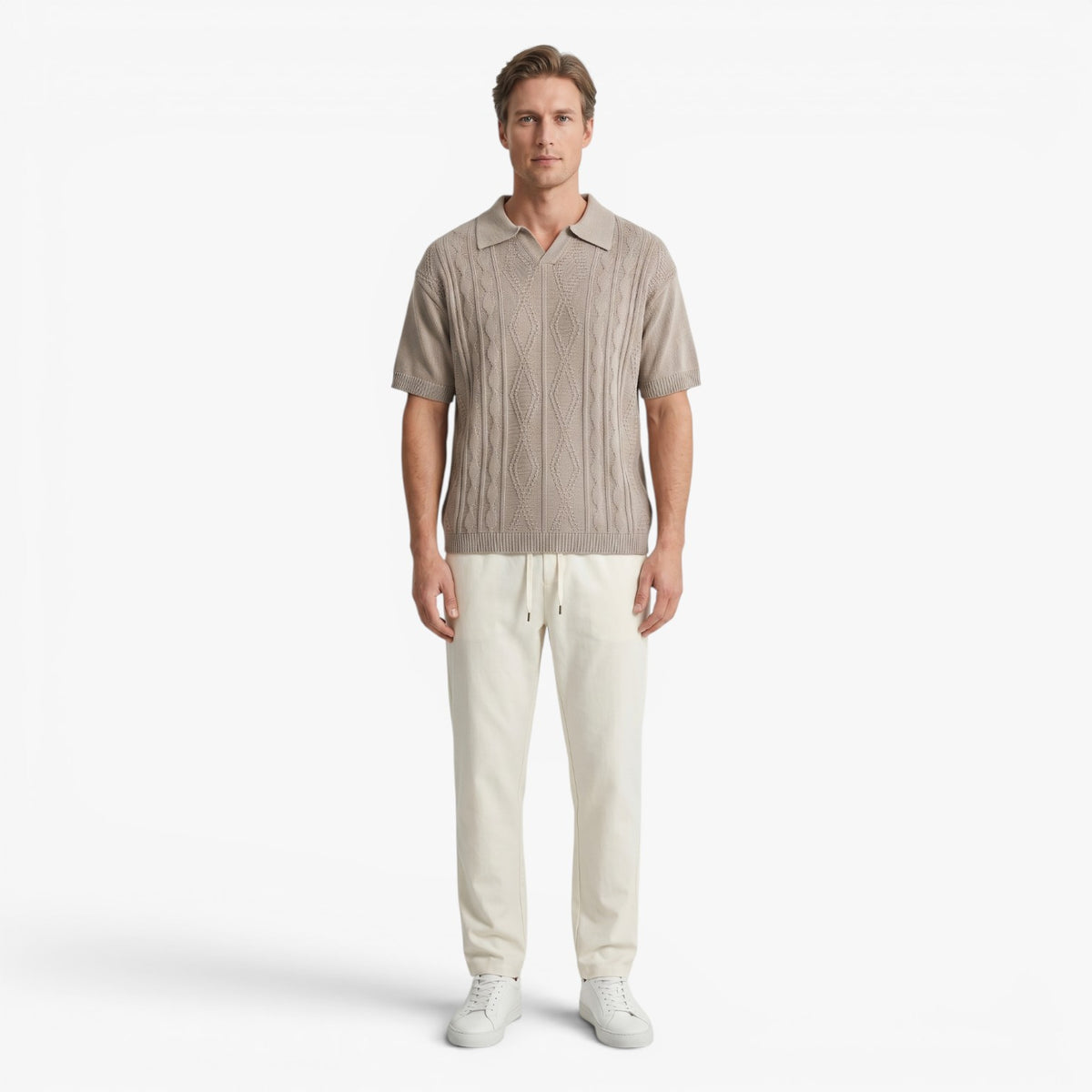 Old Fortune | Heren Gebreid Polo Shirt met Vlechtpatroon