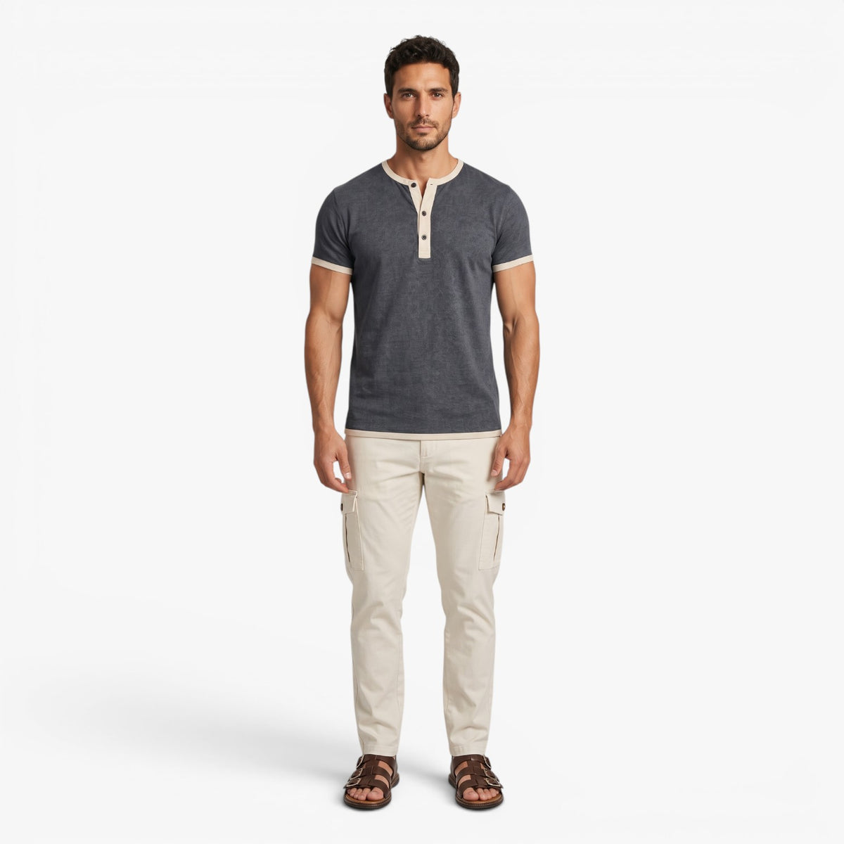 Old Fortune | Heren T-shirt met Contrasterende Plissé en Knopen