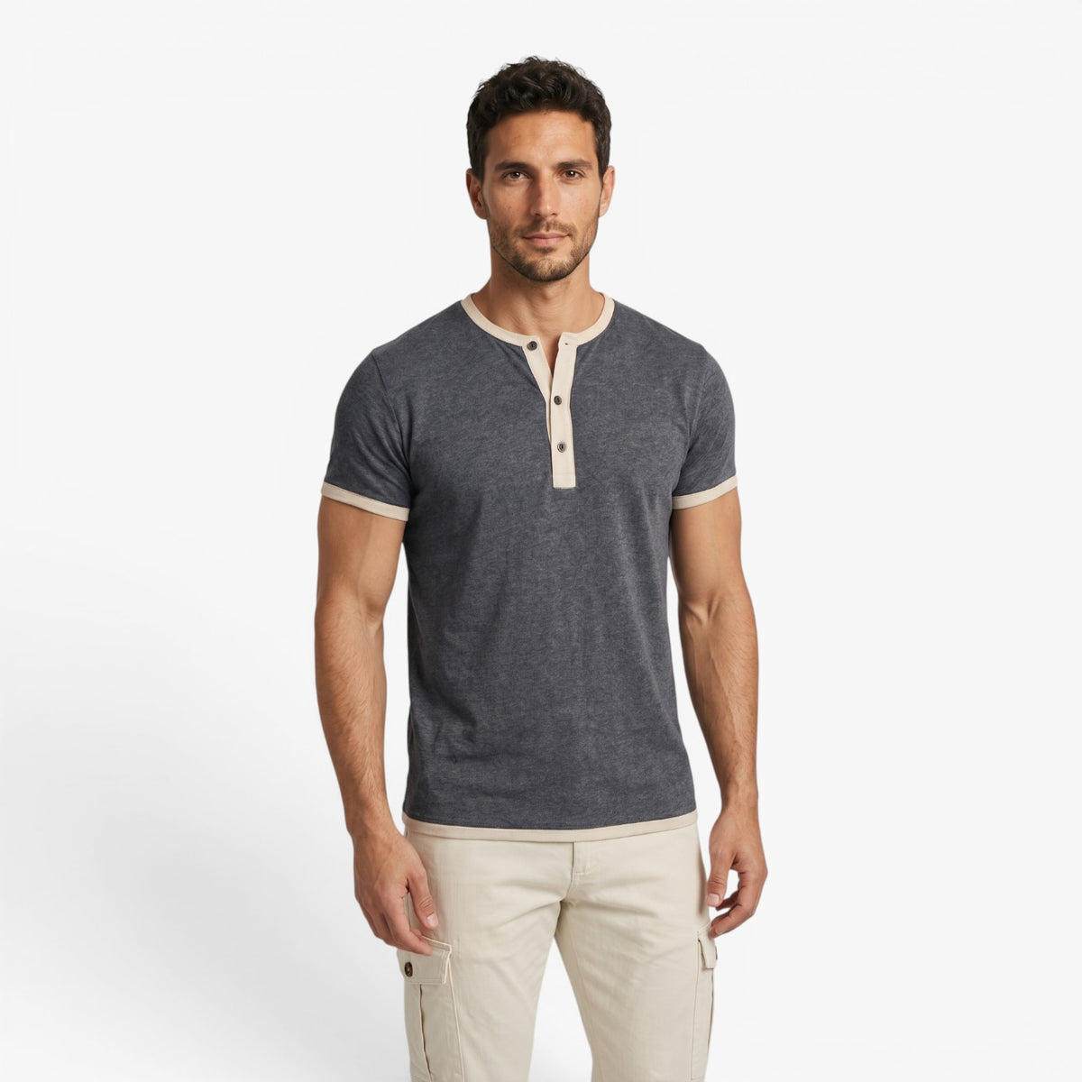 Old Fortune | Heren T-shirt met Contrasterende Plissé en Knopen
