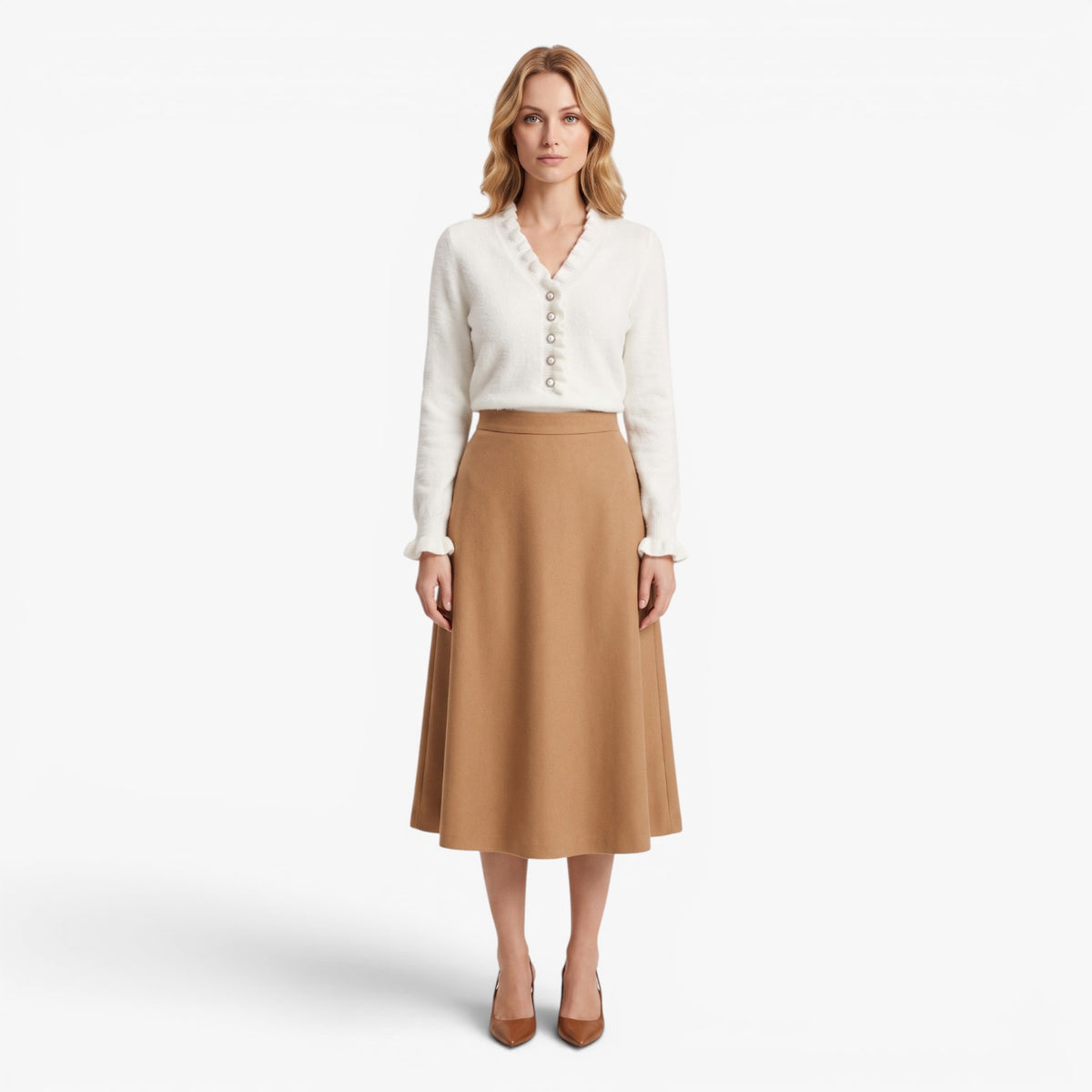 Old Fortune | Damski Sweter z Falbaną przy Dekolcie Zapinany na Ozdobne Guziki