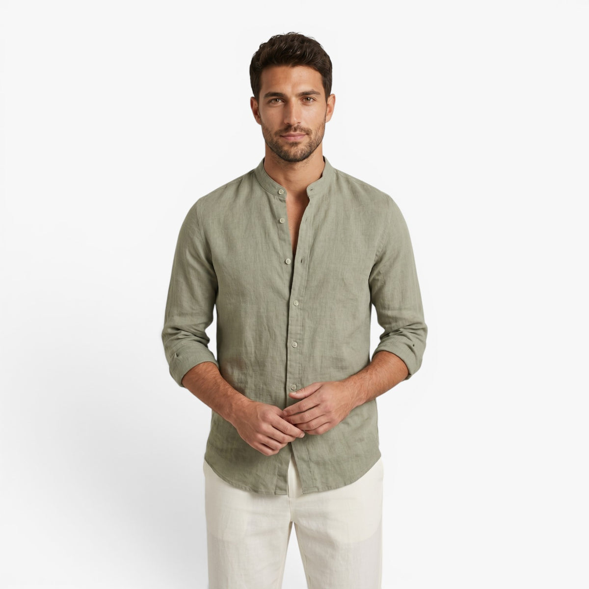 Old Fortune | Heren linnen overhemd met opstaande kraag casual  